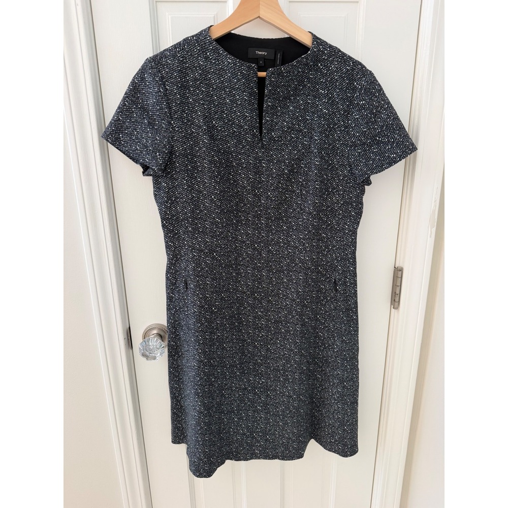 Theory Apalia Tweed Twill Crepe Shift Dress Black White‎ 8 Professional Workwear